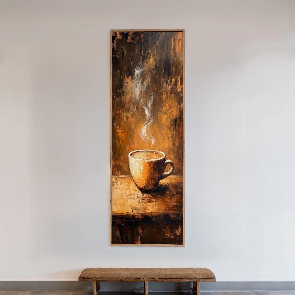 Steaming Coffee Mug Canvas Art | Impasto Painting Print | Bohemian Wall Art For Living Room | Burnt Sienna Art Long Vertical Art