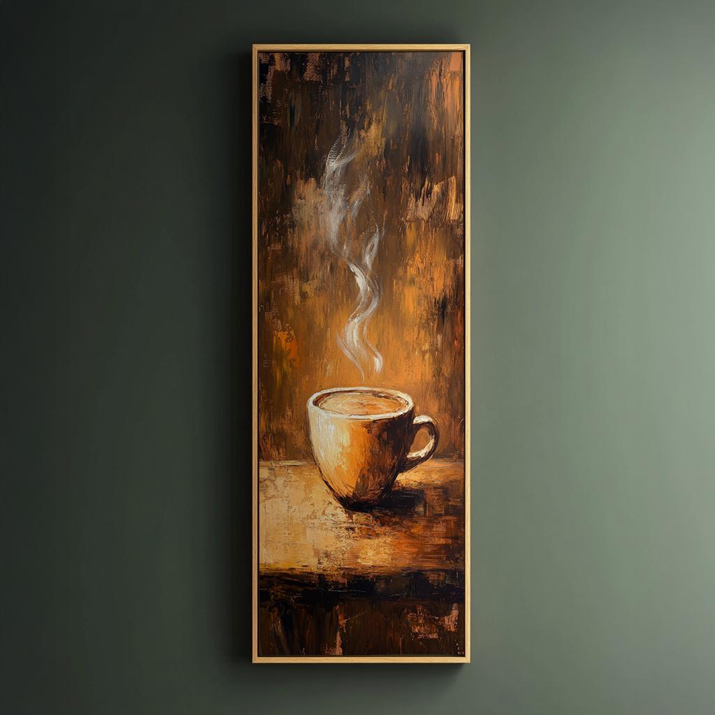 Steaming Coffee Mug Canvas Art | Impasto Painting Print | Bohemian Wall Art For Living Room | Burnt Sienna Art Long Vertical Art