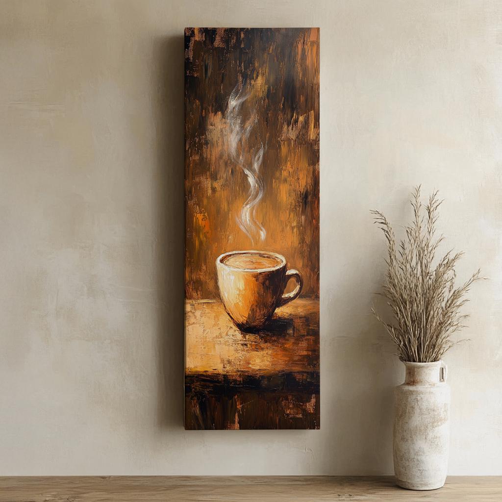 Steaming Coffee Mug Canvas Art | Impasto Painting Print | Bohemian Wall Art For Living Room | Burnt Sienna Art Long Vertical Art