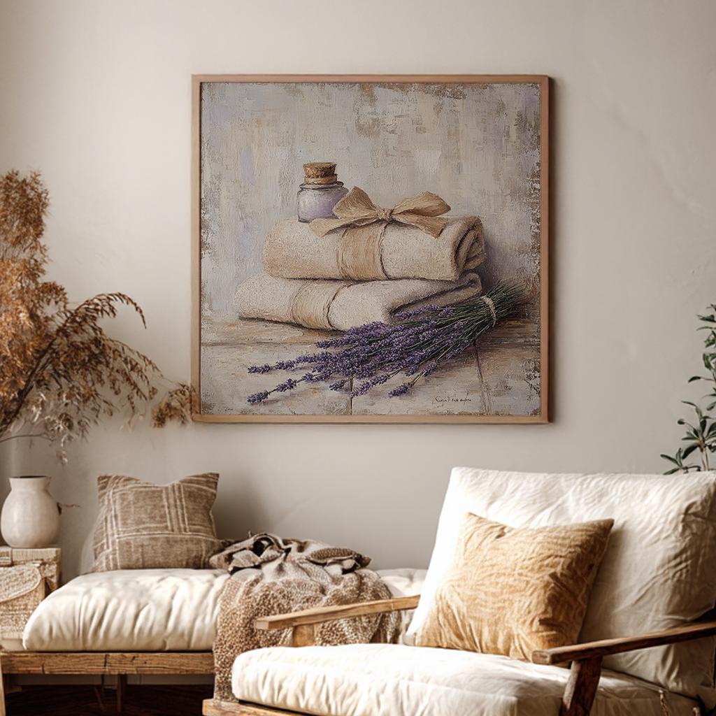 Spa Day Serenity Canvas Art | Impasto Print | Hamptons Wall Art For Bathroom | Oatmeal Milk Art | Coastal Spa Decor Square Canvas Art