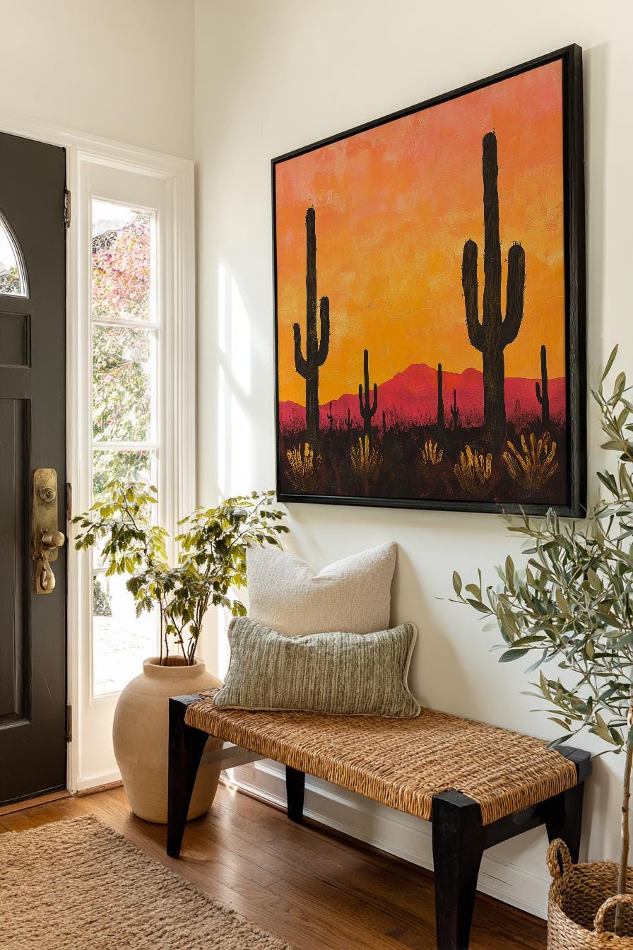 Sonoran Sunset Canvas Art | Impasto Print | Bohemian Wall Art For Living Room | Terracotta Sunset Art Square Canvas Art