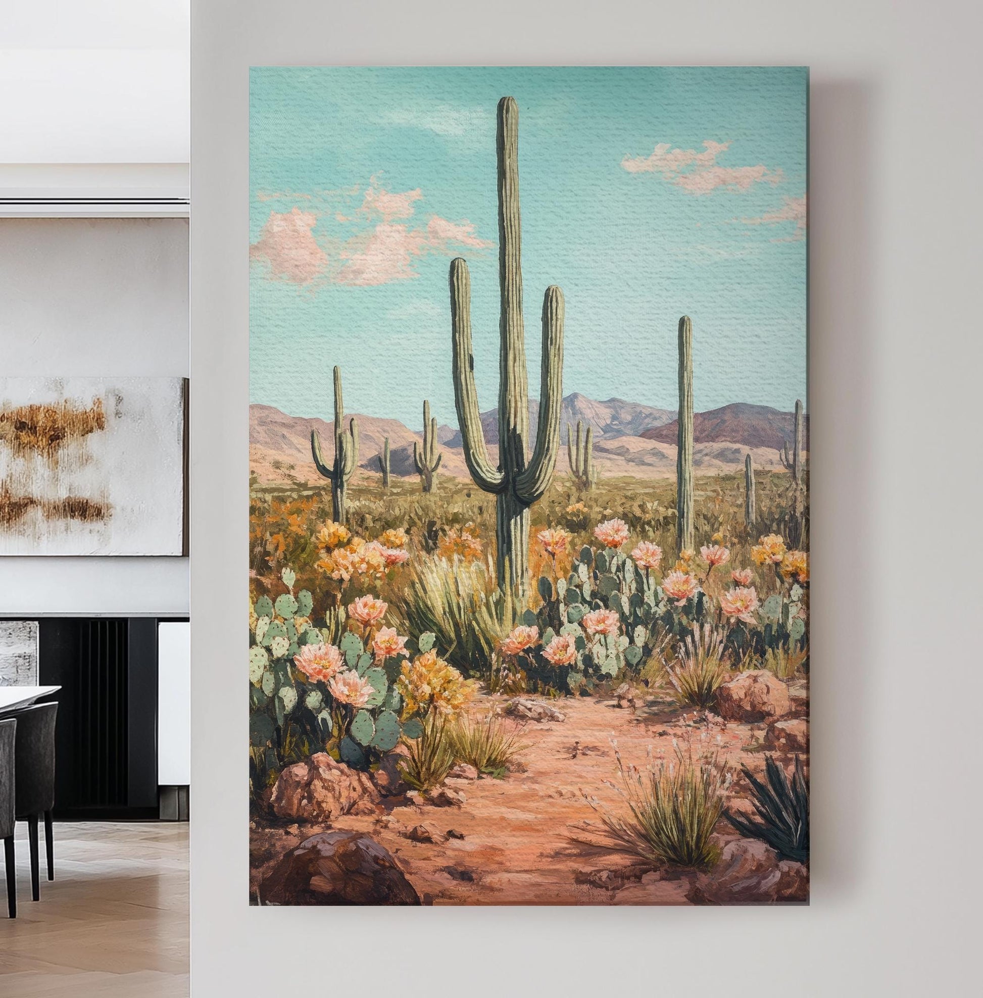 Sonoran Desert Cactus | Impasto Print | Mid Century Modern Wall Art For Living Room | Apricot Blush Art | Desert Oasis Decor Vertical Canvas