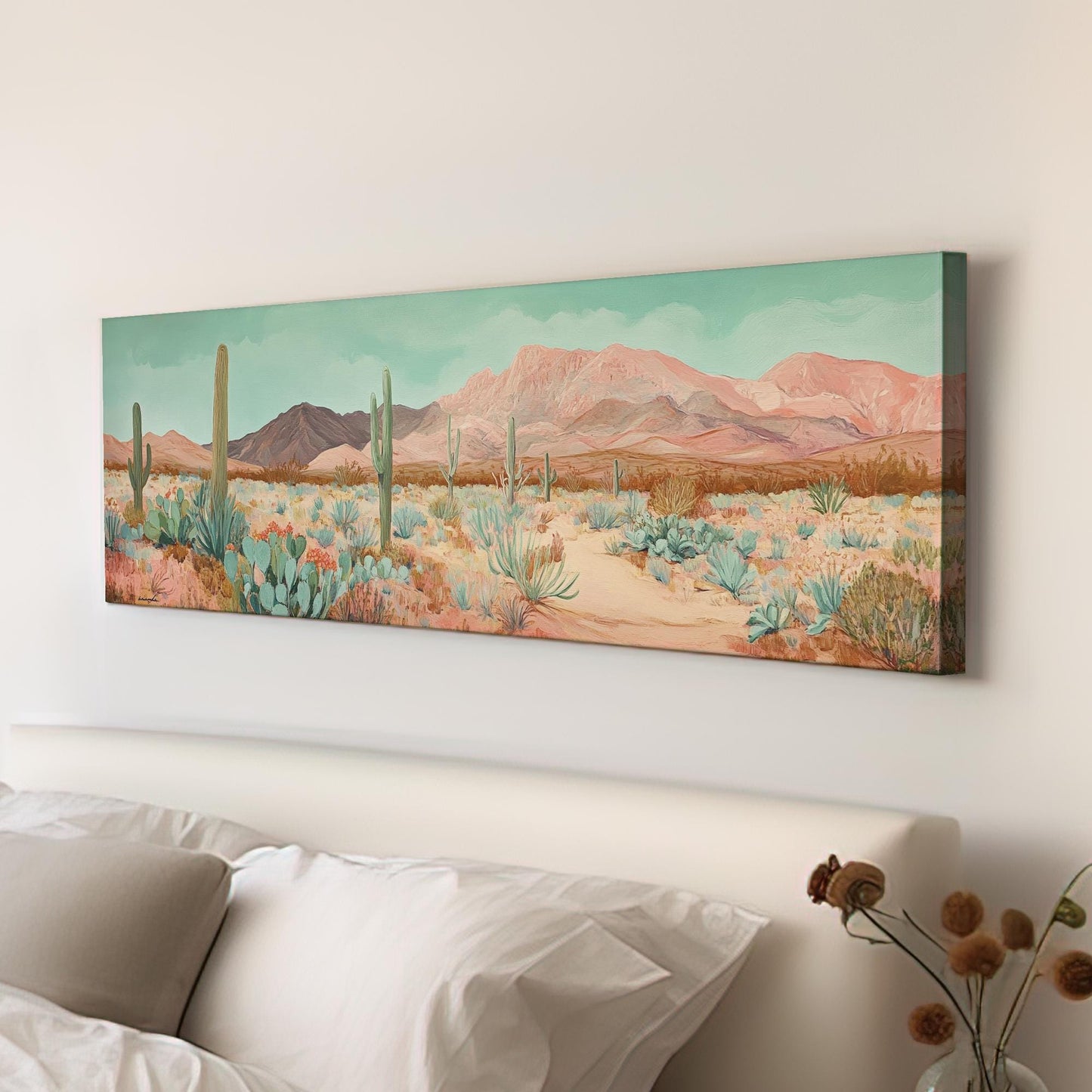 Sonoran Desert Cactus Canvas Art | Impasto Print | Bohemian Wall Art For Living Room | Rose Quartz Seafoam Art Panoramic Wall Art