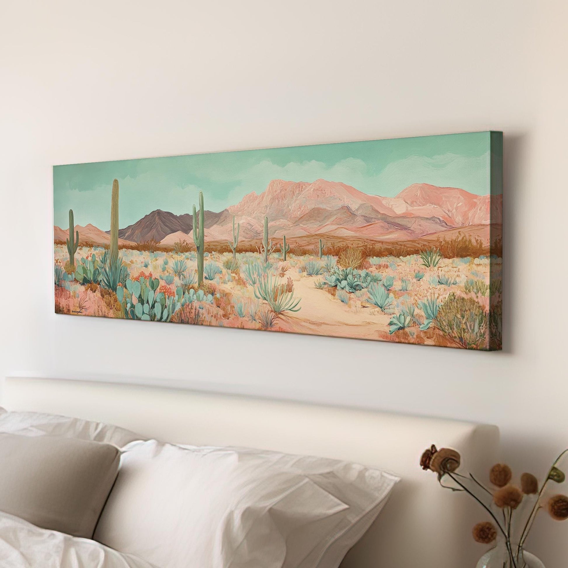 Sonoran Desert Cactus Canvas Art | Impasto Print | Bohemian Wall Art For Living Room | Rose Quartz Seafoam Art Panoramic Wall Art