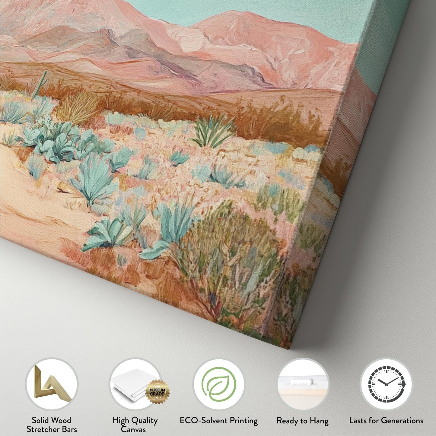 Sonoran Desert Cactus Canvas Art | Impasto Print | Bohemian Wall Art For Living Room | Rose Quartz Seafoam Art Panoramic Wall Art