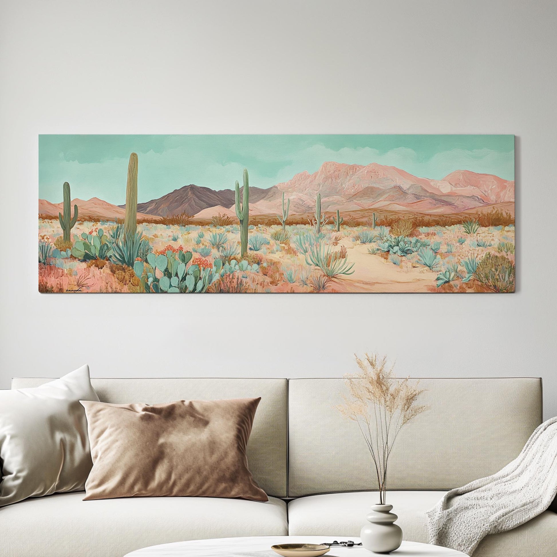 Sonoran Desert Cactus Canvas Art | Impasto Print | Bohemian Wall Art For Living Room | Rose Quartz Seafoam Art Panoramic Wall Art