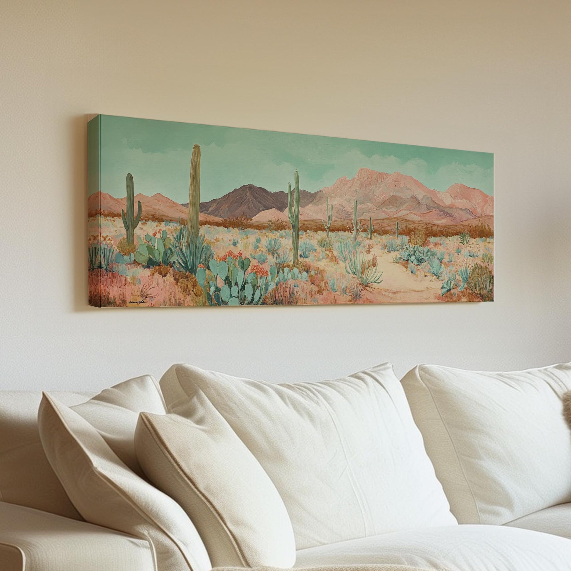 Sonoran Desert Cactus Canvas Art | Impasto Print | Bohemian Wall Art For Living Room | Rose Quartz Seafoam Art Panoramic Wall Art
