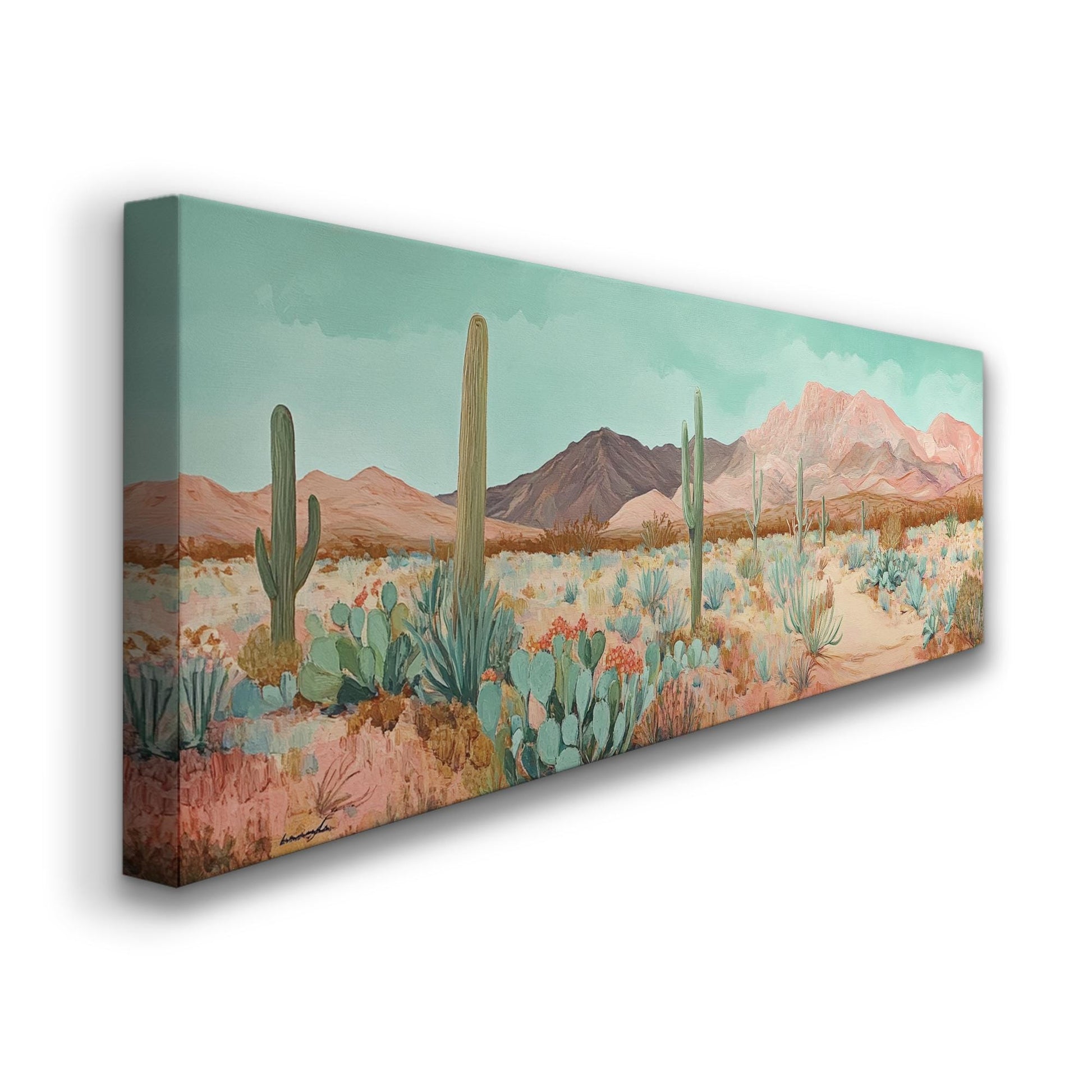 Sonoran Desert Cactus Canvas Art | Impasto Print | Bohemian Wall Art For Living Room | Rose Quartz Seafoam Art Panoramic Wall Art