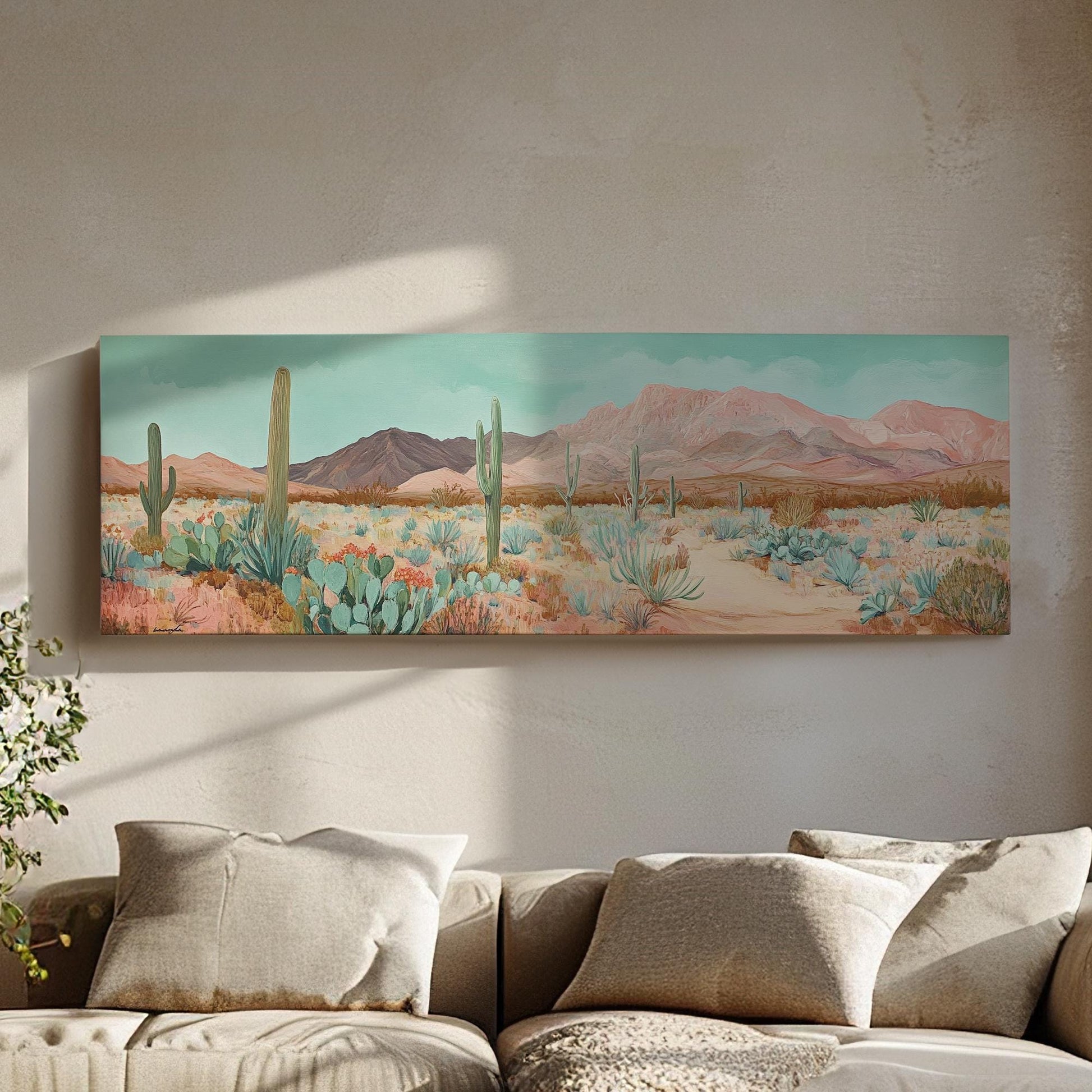Sonoran Desert Cactus Canvas Art | Impasto Print | Bohemian Wall Art For Living Room | Rose Quartz Seafoam Art Panoramic Wall Art
