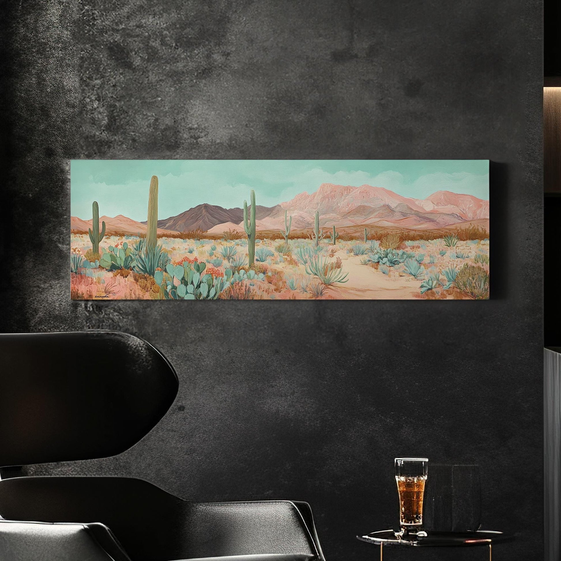 Sonoran Desert Cactus Canvas Art | Impasto Print | Bohemian Wall Art For Living Room | Rose Quartz Seafoam Art Panoramic Wall Art