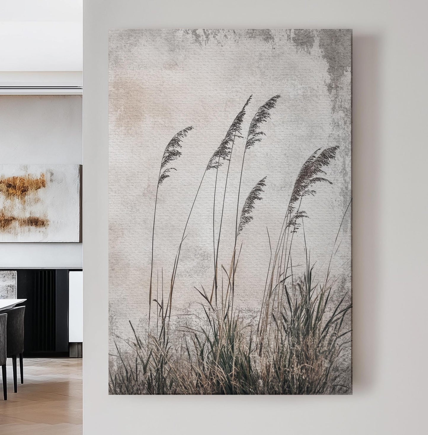 Serene Pampas Grass Canvas Art | Minimalist Botanical Line Print | Japandi Wall Art For Living Room | Greige Olive Art Vertical Canvas