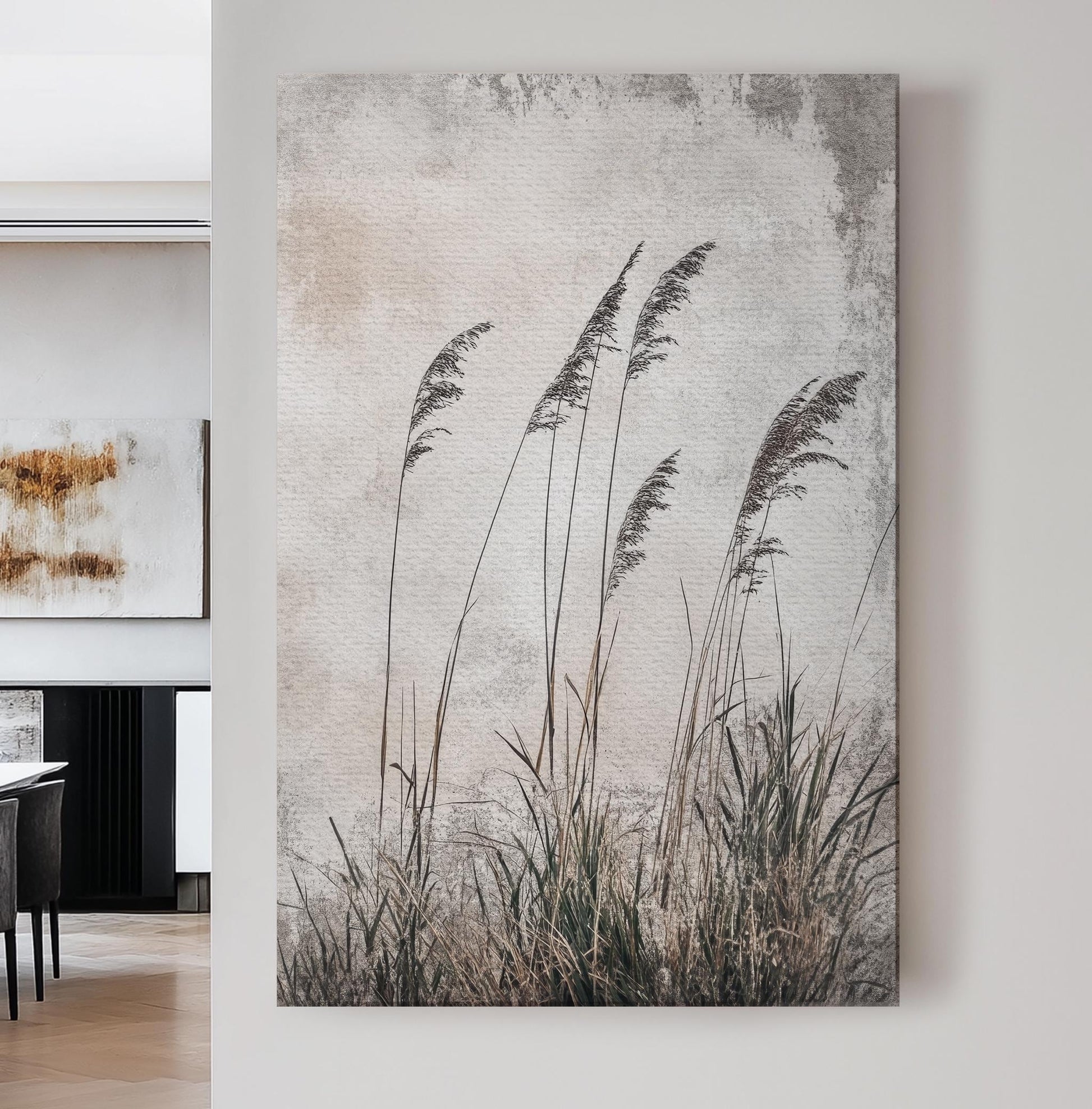 Serene Pampas Grass Canvas Art | Minimalist Botanical Line Print | Japandi Wall Art For Living Room | Greige Olive Art Vertical Canvas