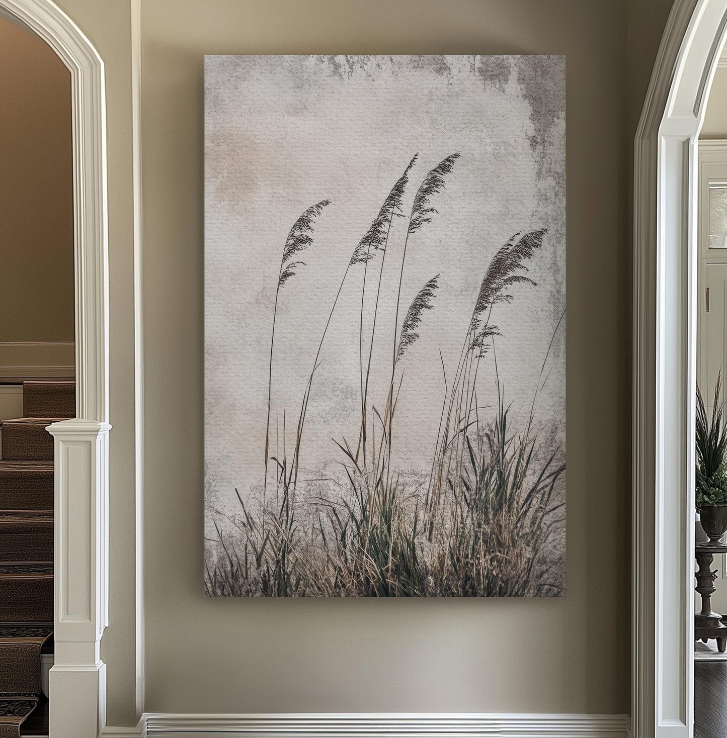 Serene Pampas Grass Canvas Art | Minimalist Botanical Line Print | Japandi Wall Art For Living Room | Greige Olive Art Vertical Canvas