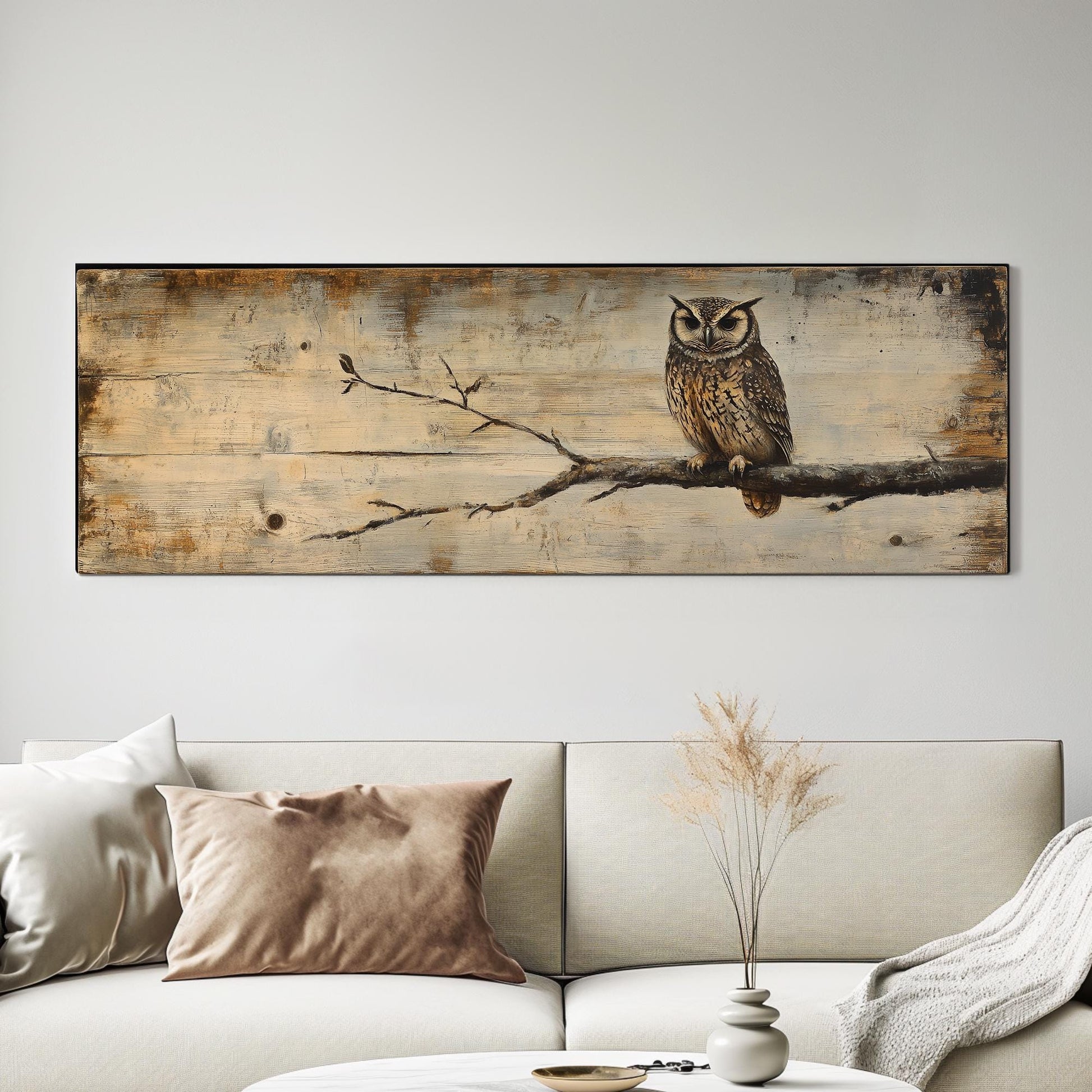 Serene Owl Canvas Art | Impasto Wood Grain Print | Bohemian Wall Art For Living Room | Sandstone Driftwood Art Panoramic Wall Art