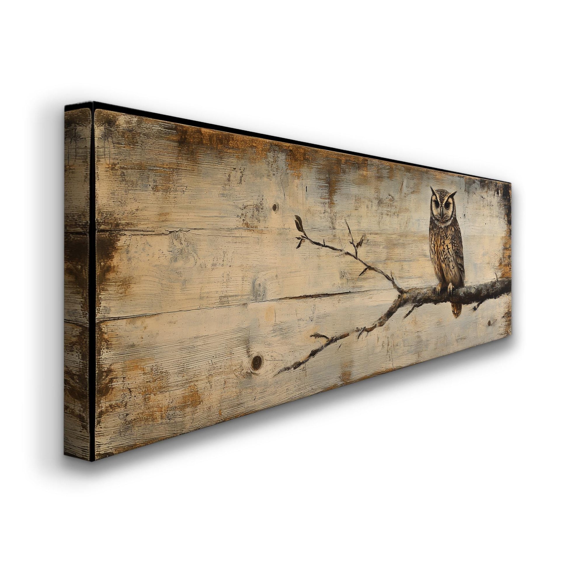 Serene Owl Canvas Art | Impasto Wood Grain Print | Bohemian Wall Art For Living Room | Sandstone Driftwood Art Panoramic Wall Art