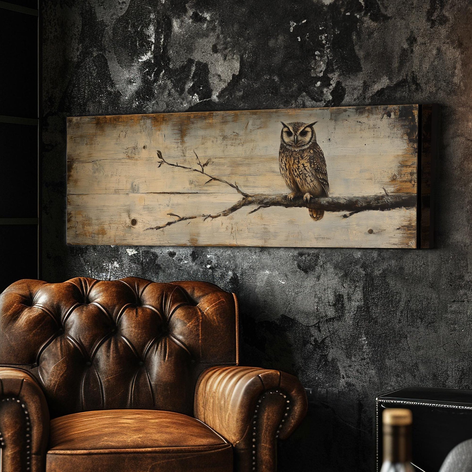 Serene Owl Canvas Art | Impasto Wood Grain Print | Bohemian Wall Art For Living Room | Sandstone Driftwood Art Panoramic Wall Art