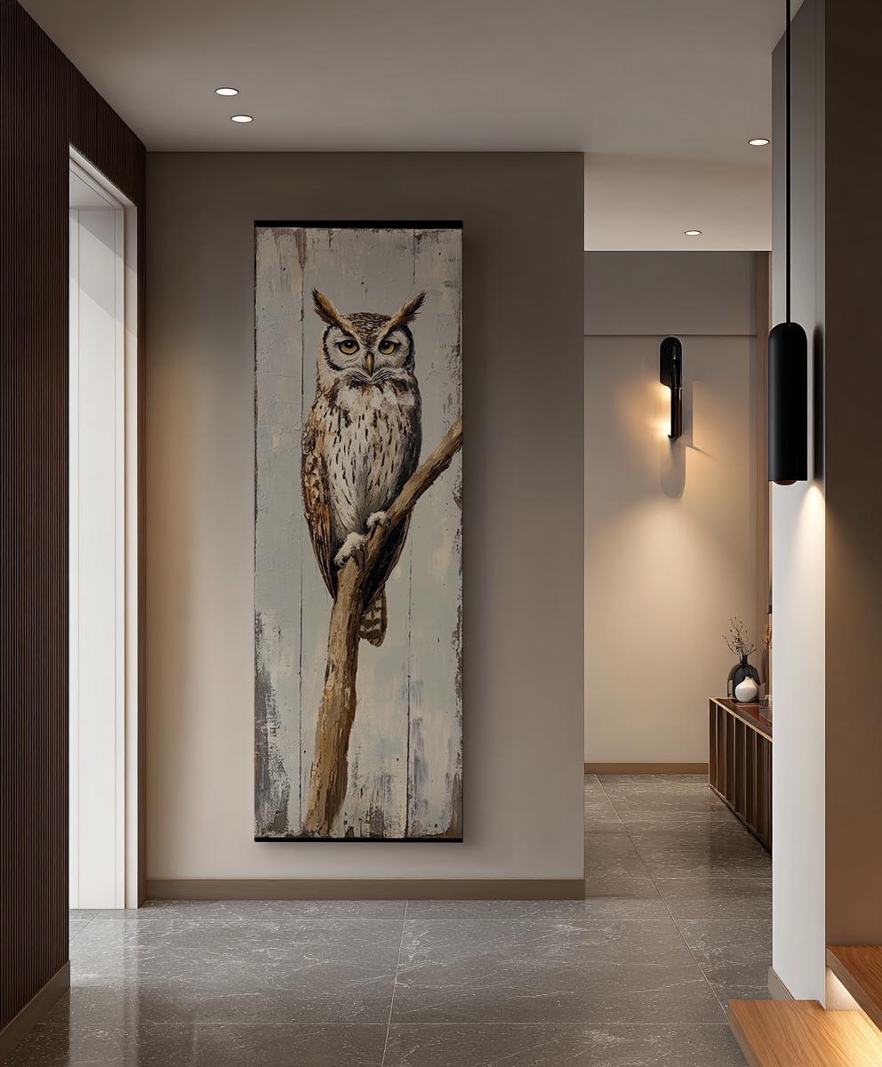 Serene Owl Canvas Art | Impasto Print | Coastal Farmhouse Wall Art For Living Room | Seashell White Art Long Vertical Art