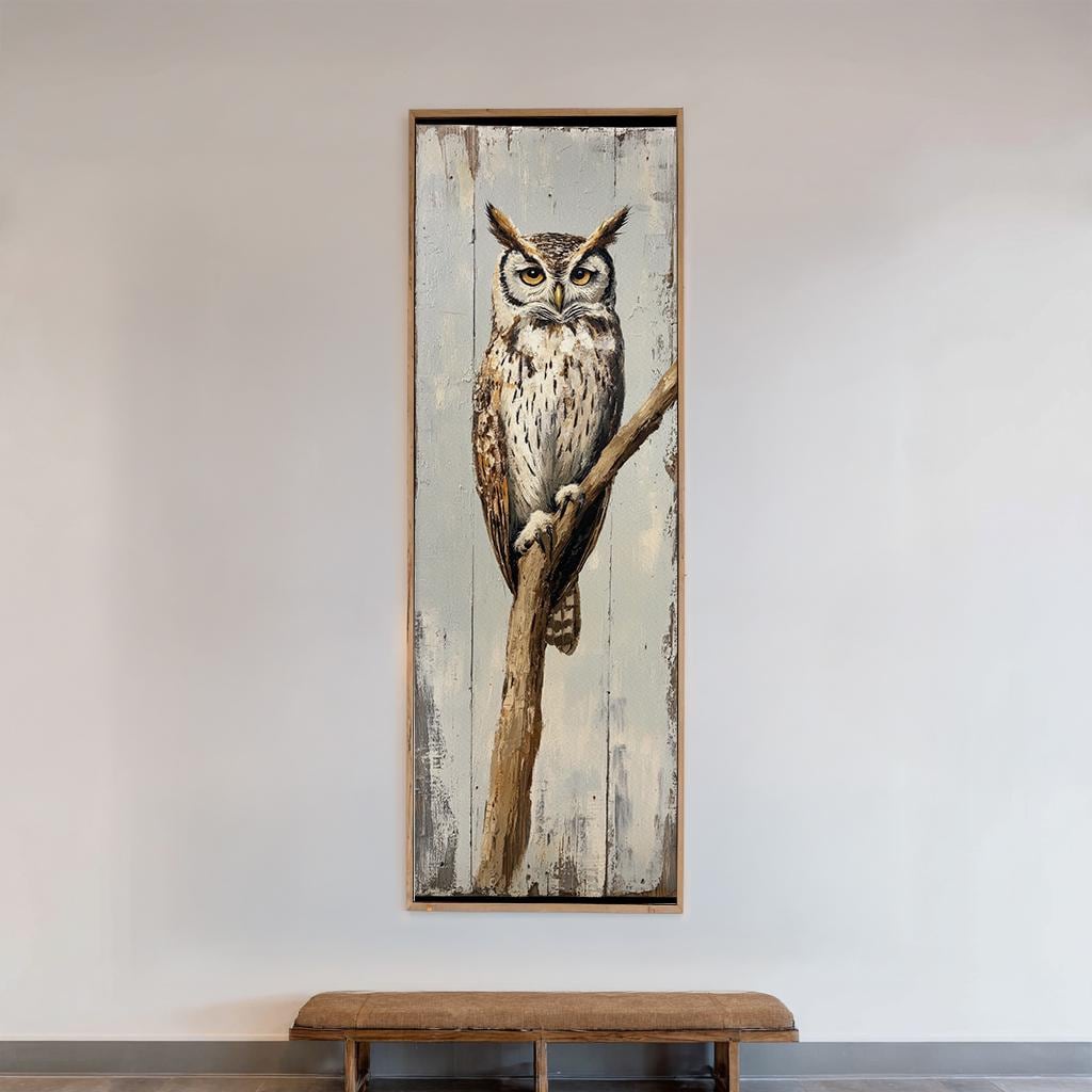 Serene Owl Canvas Art | Impasto Print | Coastal Farmhouse Wall Art For Living Room | Seashell White Art Long Vertical Art