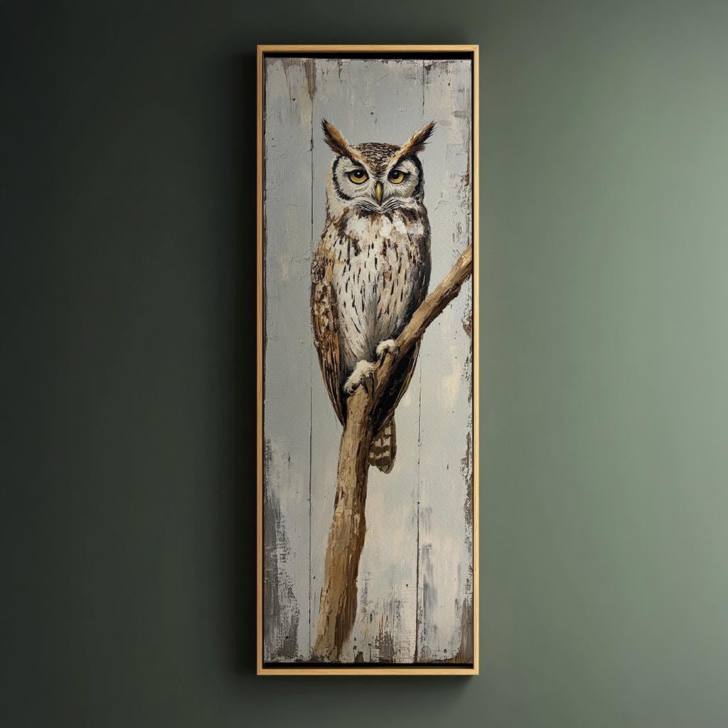 Serene Owl Canvas Art | Impasto Print | Coastal Farmhouse Wall Art For Living Room | Seashell White Art Long Vertical Art
