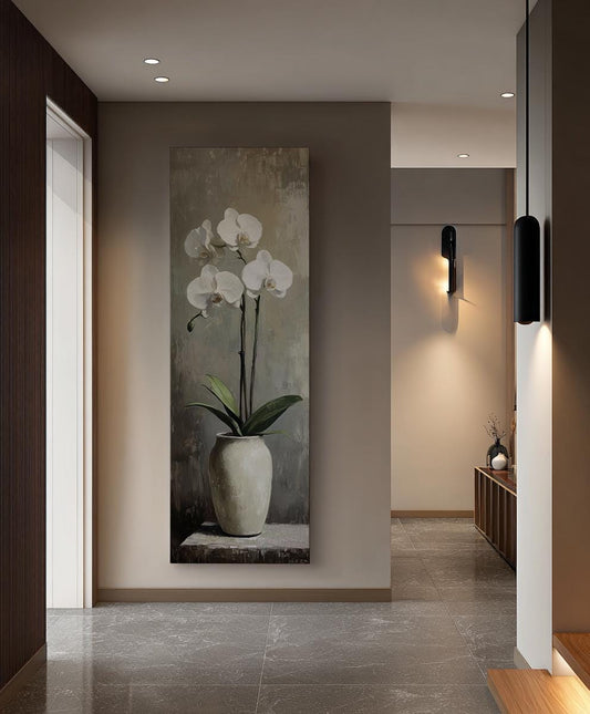 Serene Orchids Canvas Art | Impasto Print | Minimalist Wall Art For Living Room | Cloud White Art | Tranquil Home Decor Long Vertical Art