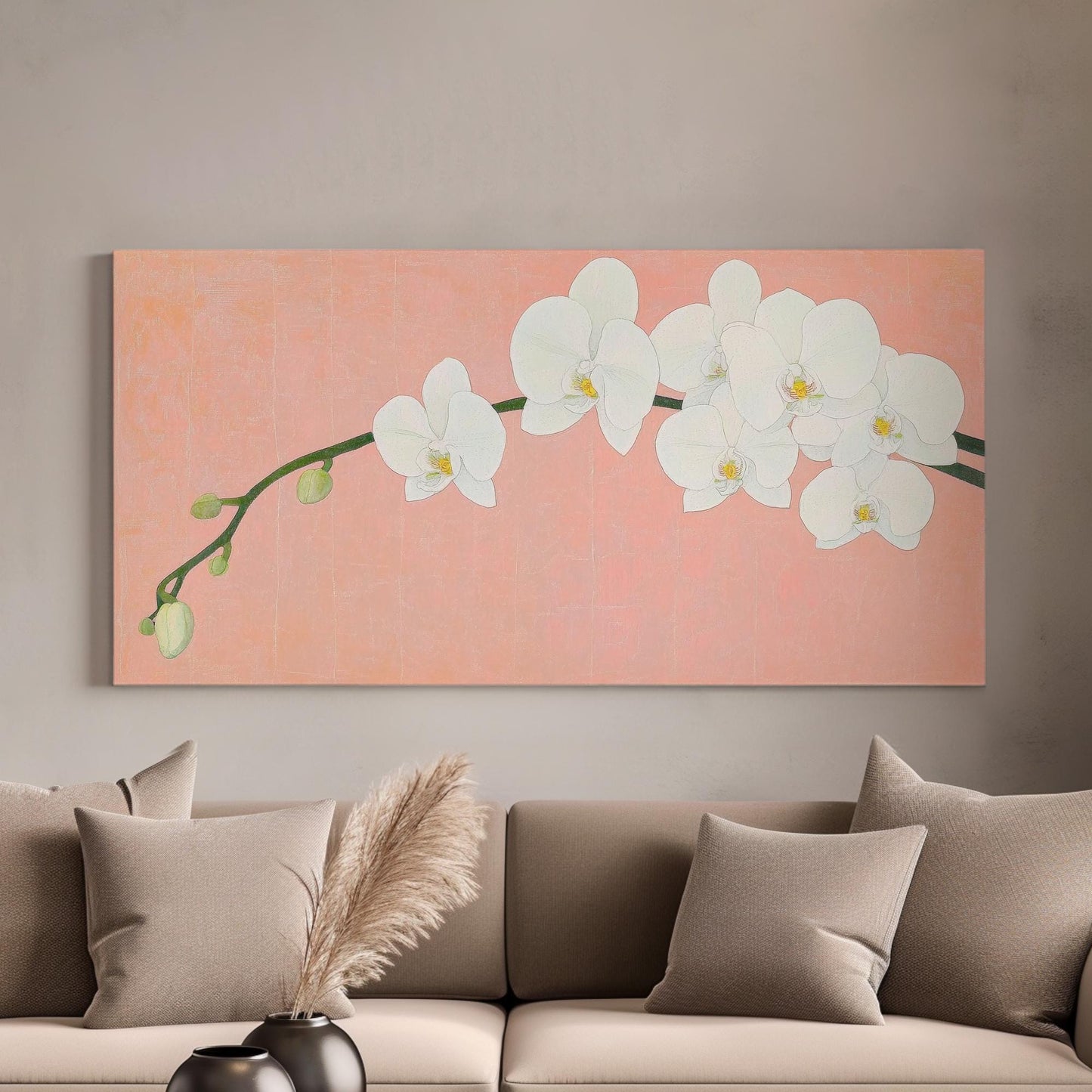 Serene Orchid Branch Canvas Art | Botanical Line Art Print | Japandi Wall Art For Above Couch | Blush Pink Art Horizontal Art