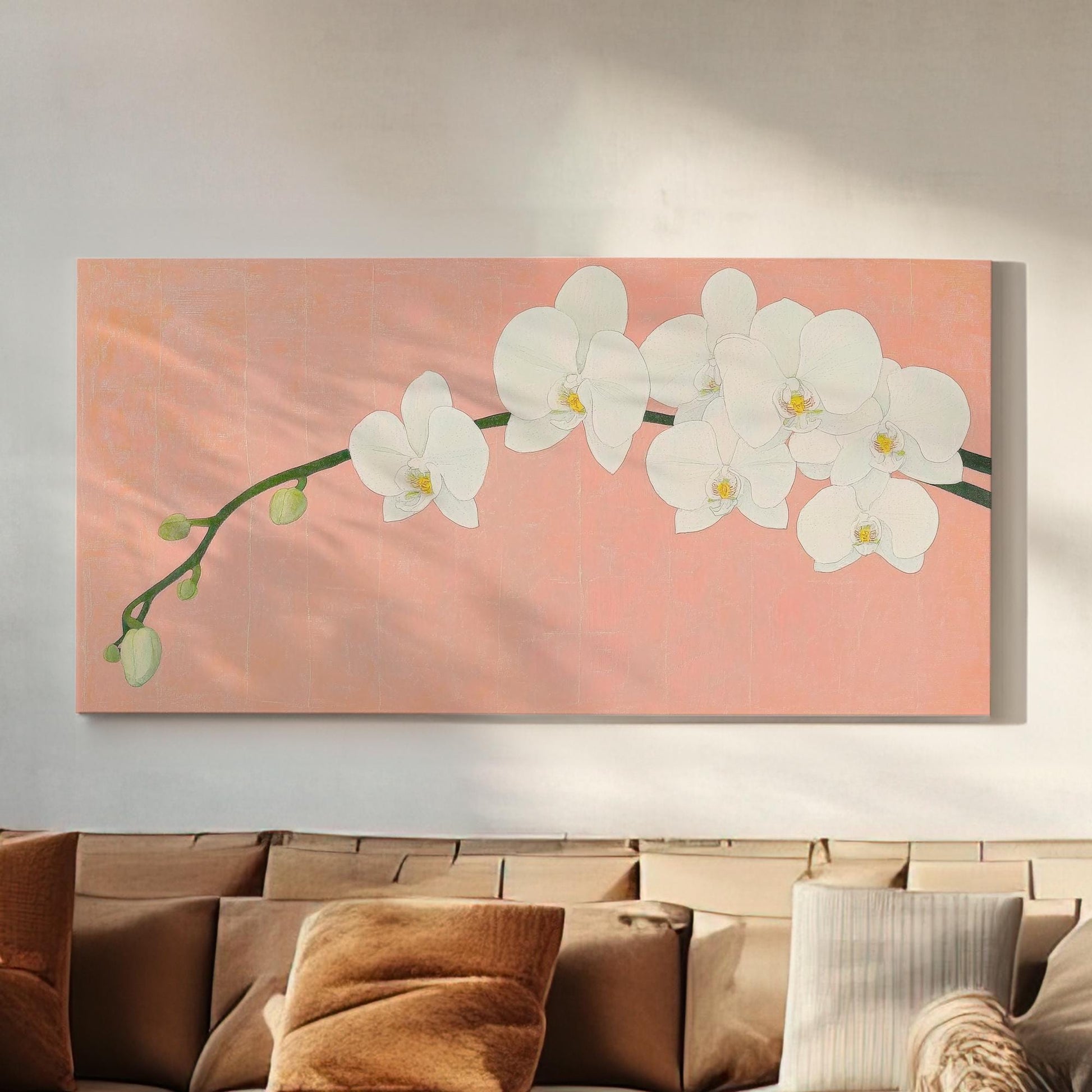 Serene Orchid Branch Canvas Art | Botanical Line Art Print | Japandi Wall Art For Above Couch | Blush Pink Art Horizontal Art