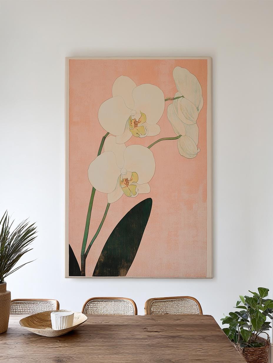 Serene Orchid Botanical Canvas Art | Shin hanga Woodblock Print | Japandi Wall Art For Above Couch Vertical Canvas