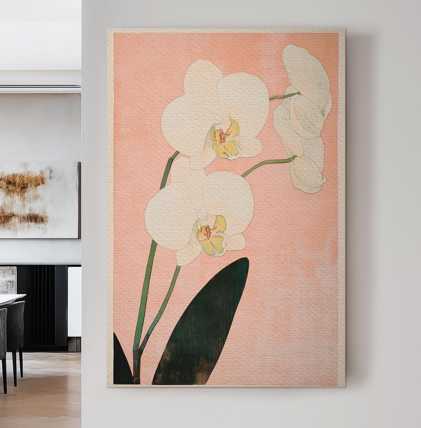 Serene Orchid Botanical Canvas Art | Shin hanga Woodblock Print | Japandi Wall Art For Above Couch Vertical Canvas