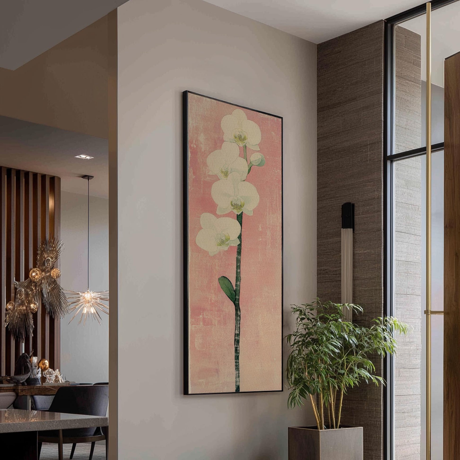 Serene Orchid Botanical Canvas Art | Japanese Woodblock Print | Minimalist Wall Art For Above Bed | Blush Pink Art Long Vertical Art