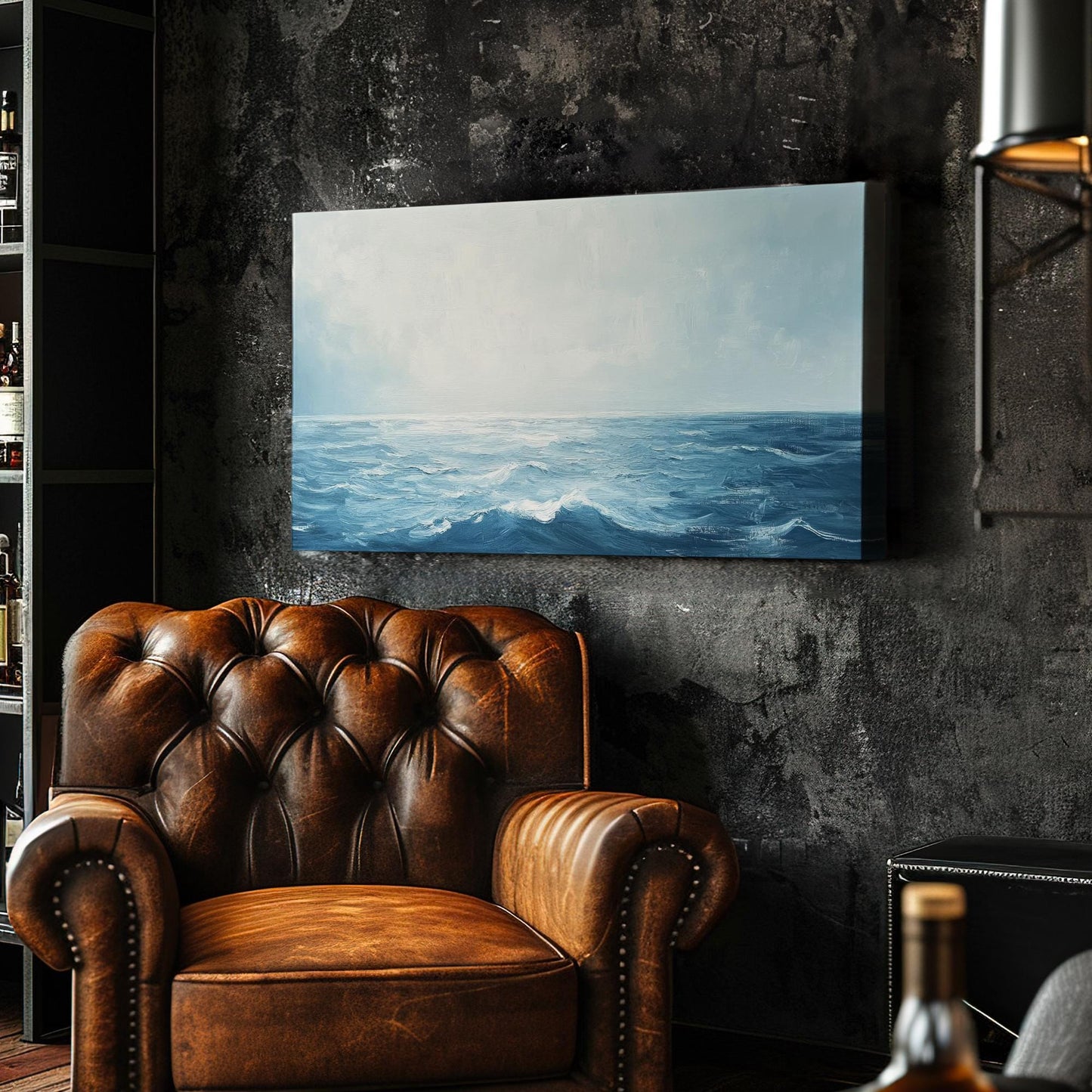 Serene Ocean Waves Canvas Art | Impasto Textural Print | Coastal Bohemian Wall Art For Living Room | Steel Blue Water Art Horizontal Art