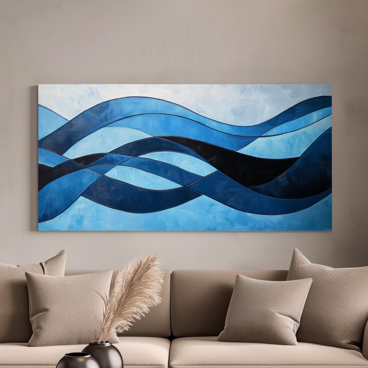 Serene Ocean Waves Canvas Art | Impasto Abstract Print | Coastal Minimalist Wall Art For Living Room Horizontal Art