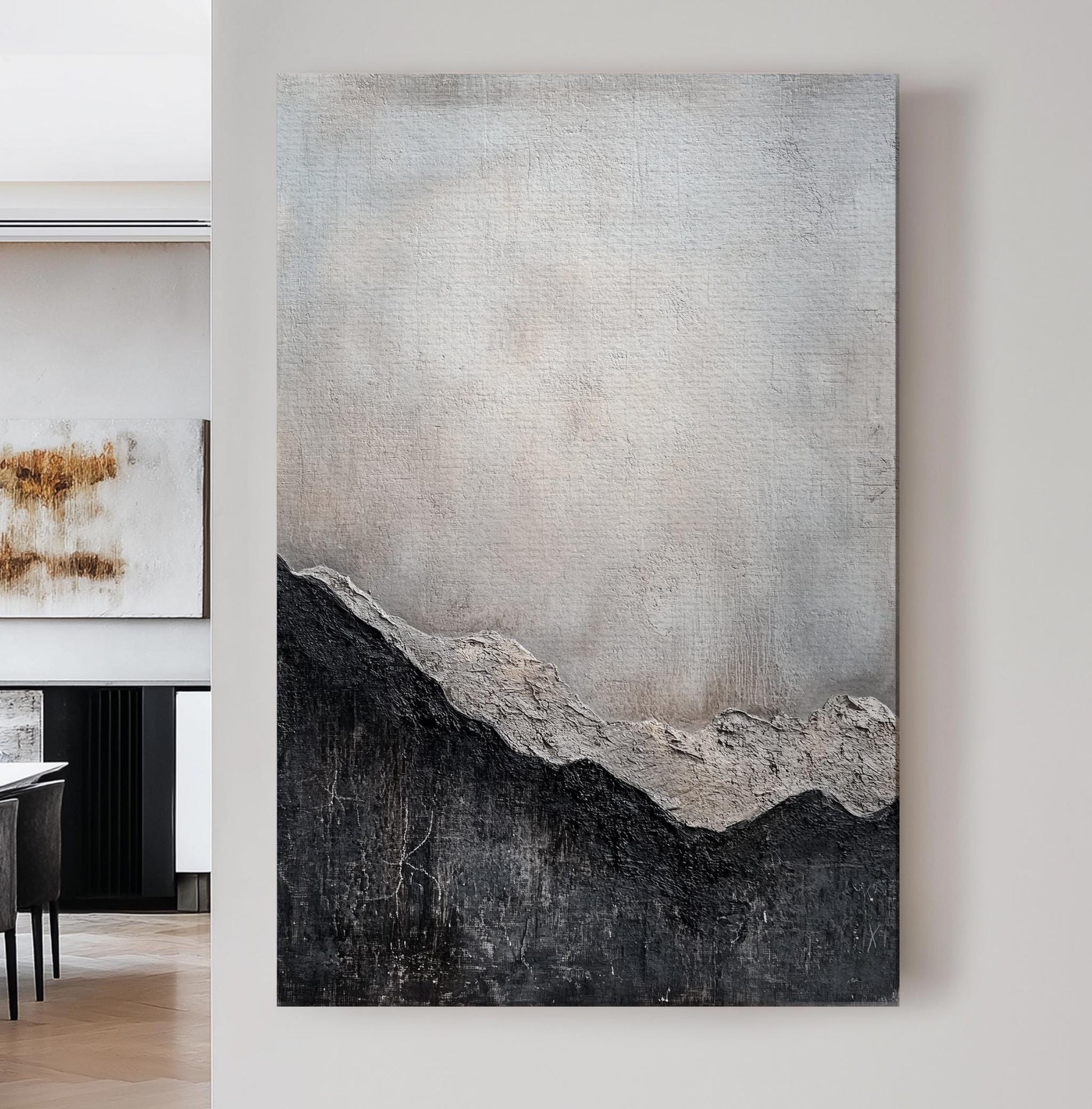 Serene Mountain Range Canvas Art | Impasto Texture Print | Jungalow Wall Art For Living Room | Silver Cloud Art Vertical Canvas