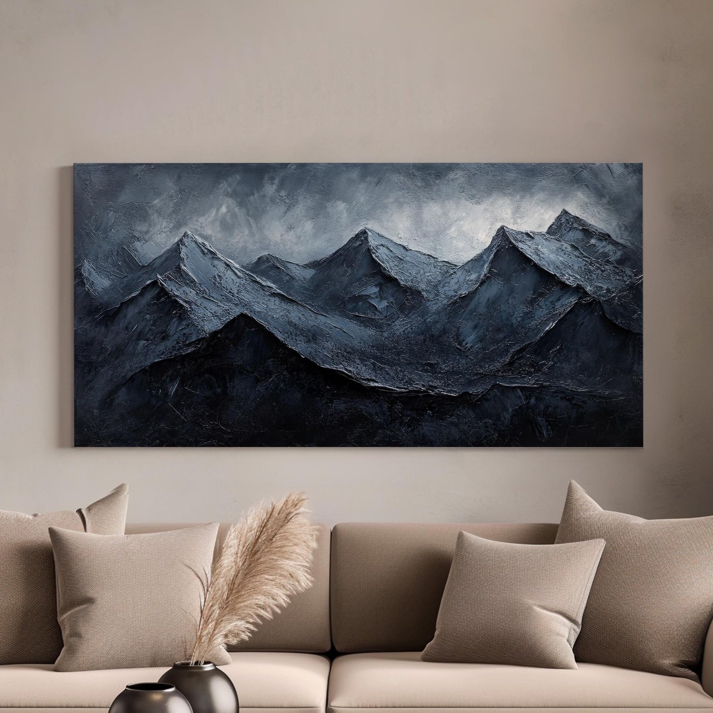 Serene Mountain Range Canvas Art | Impasto Print | Juxtaposition Wall Art For Living Room | Charcoal Gray Art Horizontal Art