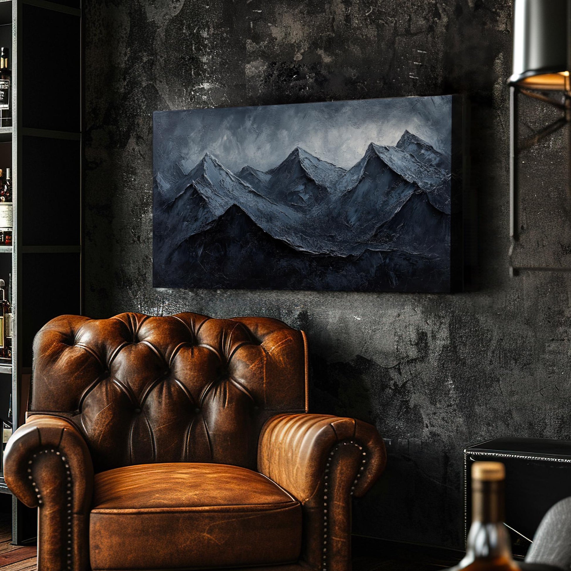 Serene Mountain Range Canvas Art | Impasto Print | Juxtaposition Wall Art For Living Room | Charcoal Gray Art Horizontal Art