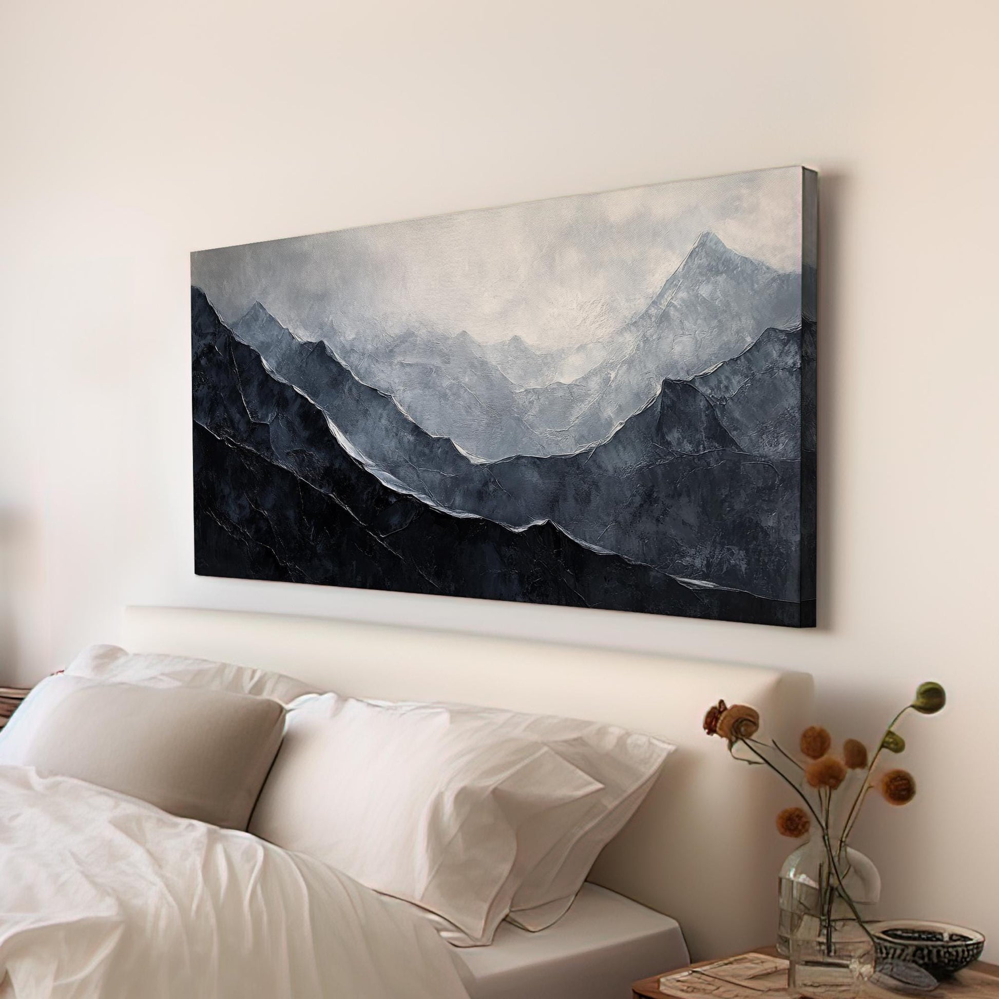 Serene Mountain Range Canvas Art | Impasto Palette Knife Print | Tranquil Modern Wall Art For Living Room | Stormy Grey Art Horizontal Art