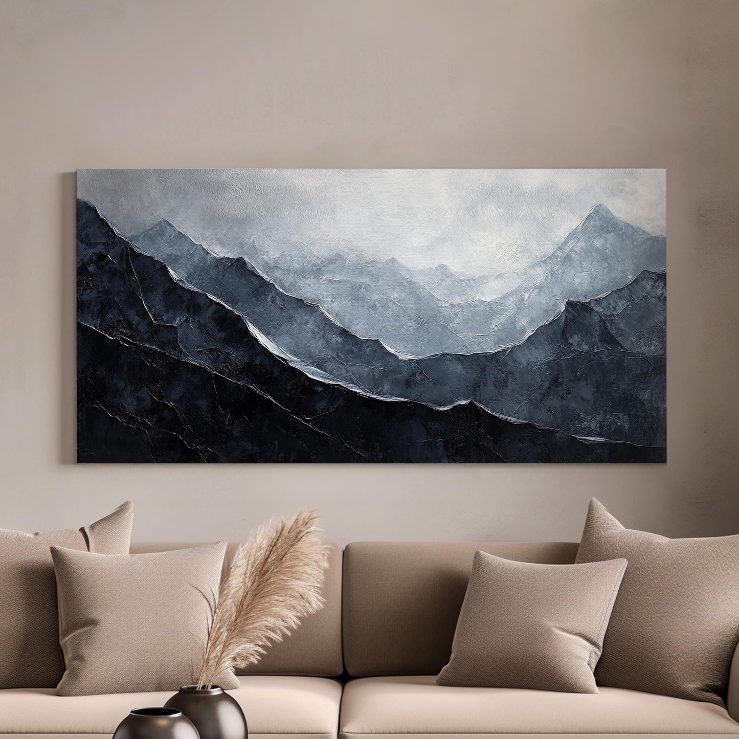 Serene Mountain Range Canvas Art | Impasto Palette Knife Print | Tranquil Modern Wall Art For Living Room | Stormy Grey Art Horizontal Art