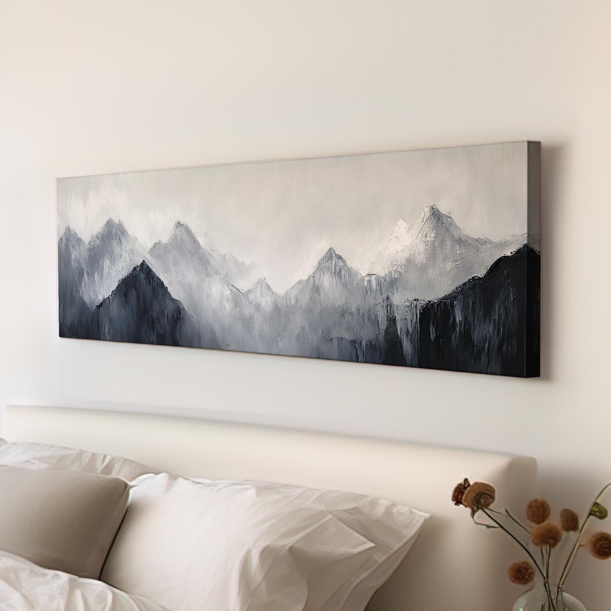 Serene Mountain Range Canvas Art | Impasto Palette Knife Print | Minimalist Wall Art For Living Room Panoramic Wall Art