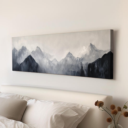 Serene Mountain Range Canvas Art | Impasto Palette Knife Print | Minimalist Wall Art For Living Room Panoramic Wall Art