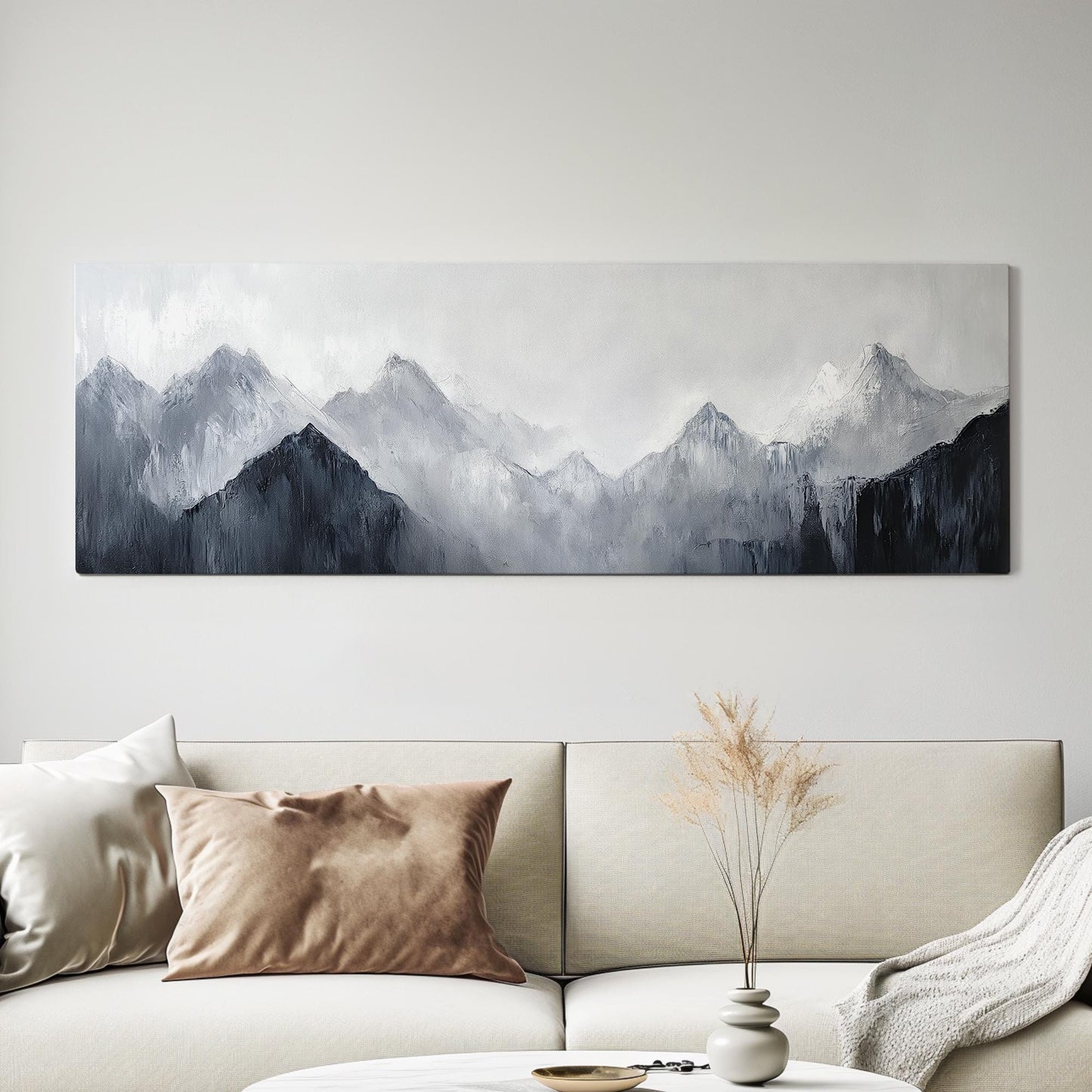 Serene Mountain Range Canvas Art | Impasto Palette Knife Print | Minimalist Wall Art For Living Room Panoramic Wall Art