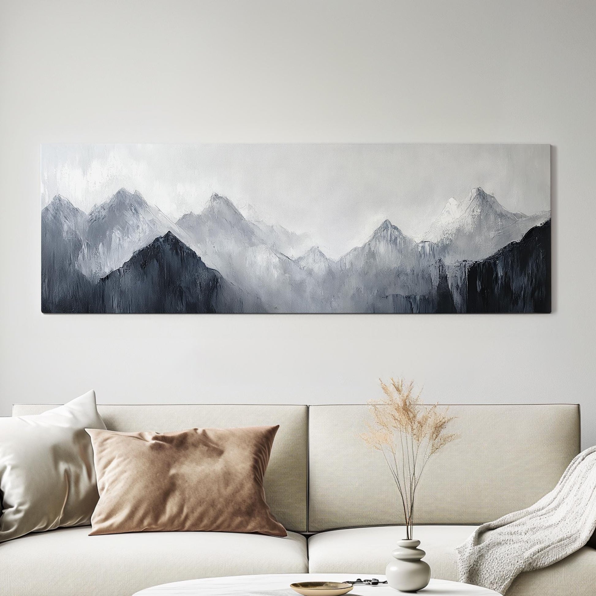 Serene Mountain Range Canvas Art | Impasto Palette Knife Print | Minimalist Wall Art For Living Room Panoramic Wall Art
