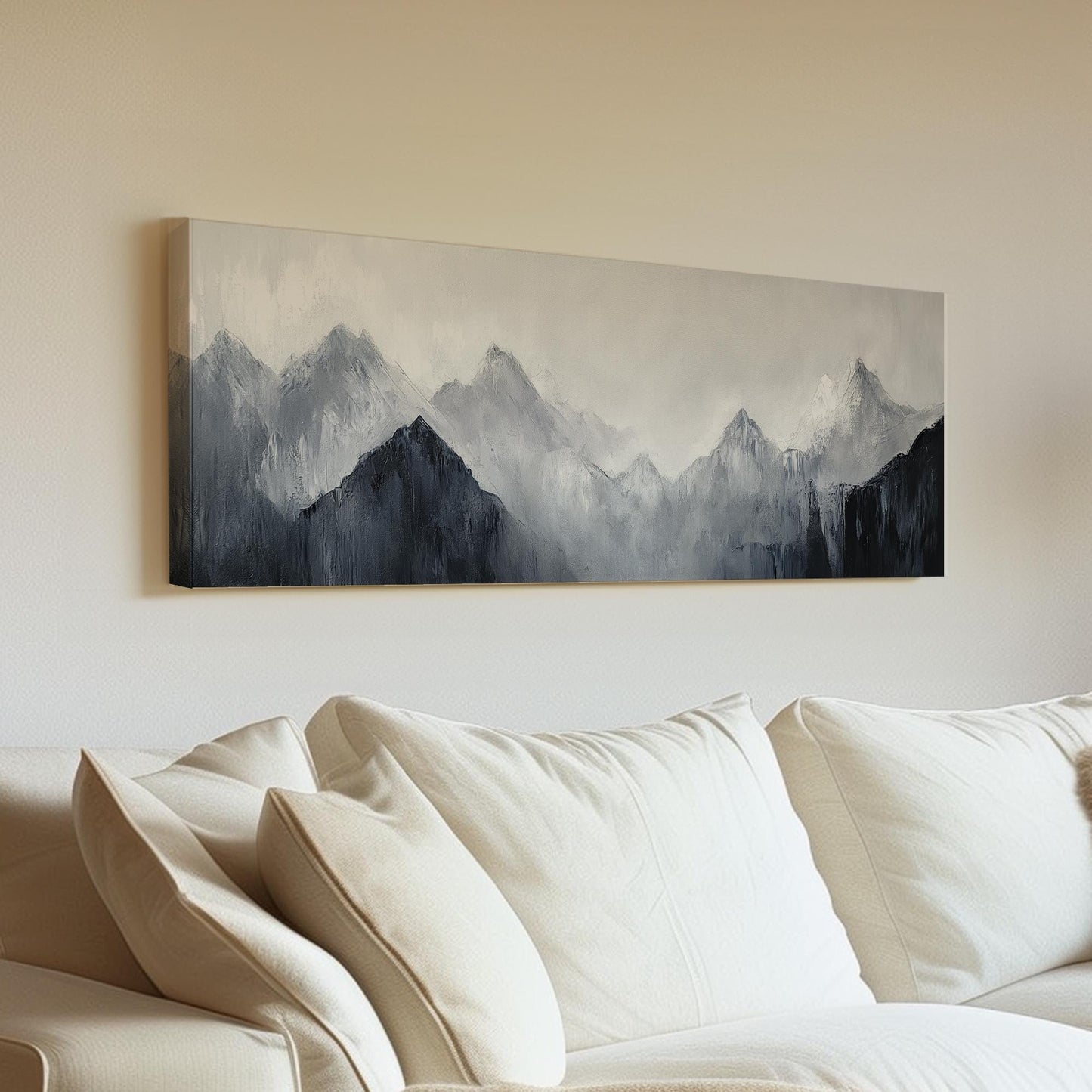 Serene Mountain Range Canvas Art | Impasto Palette Knife Print | Minimalist Wall Art For Living Room Panoramic Wall Art