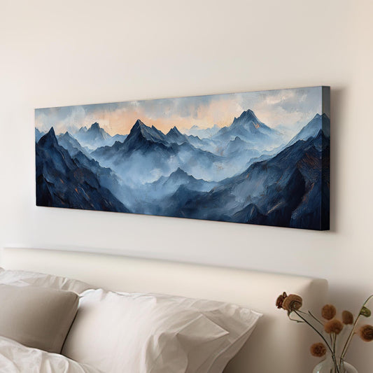 Serene Mountain Range Canvas Art | Impasto Oil Print | Tranquil Maximalist Wall Art For Living Room Panoramic Wall Art