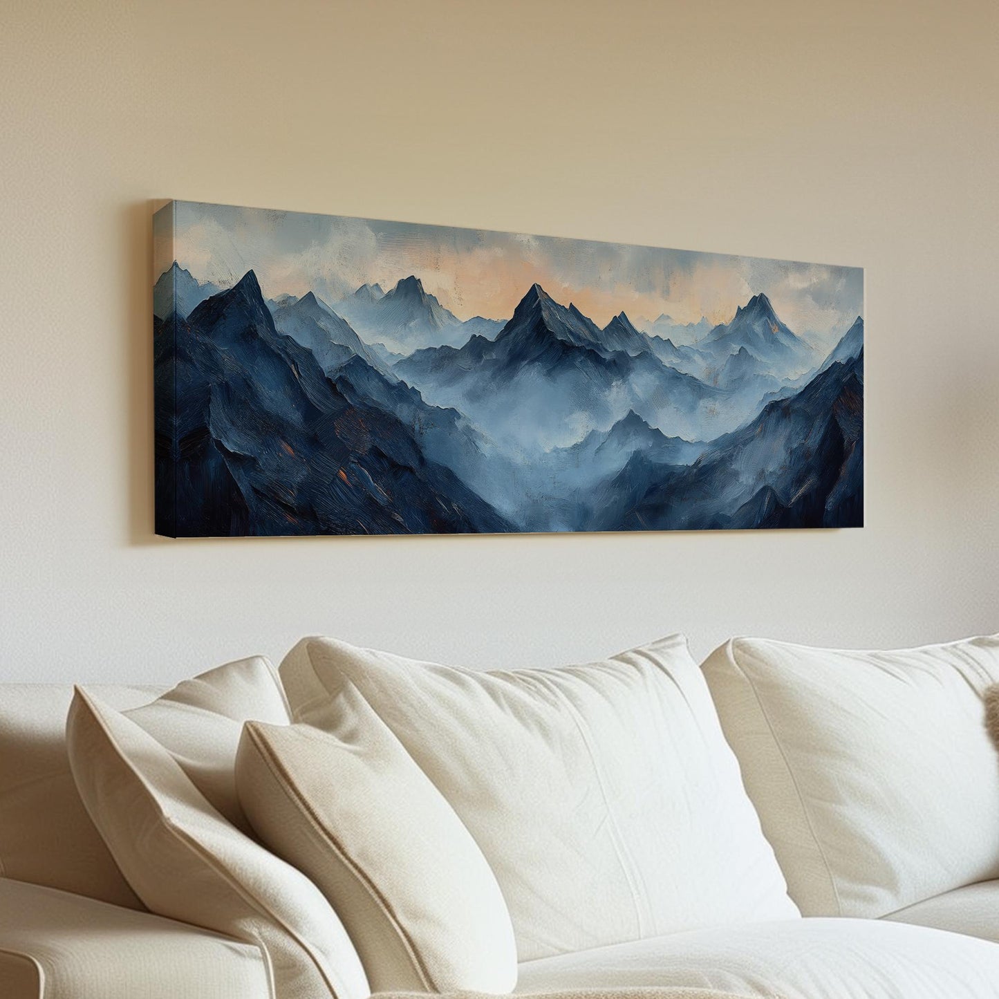 Serene Mountain Range Canvas Art | Impasto Oil Print | Tranquil Maximalist Wall Art For Living Room Panoramic Wall Art