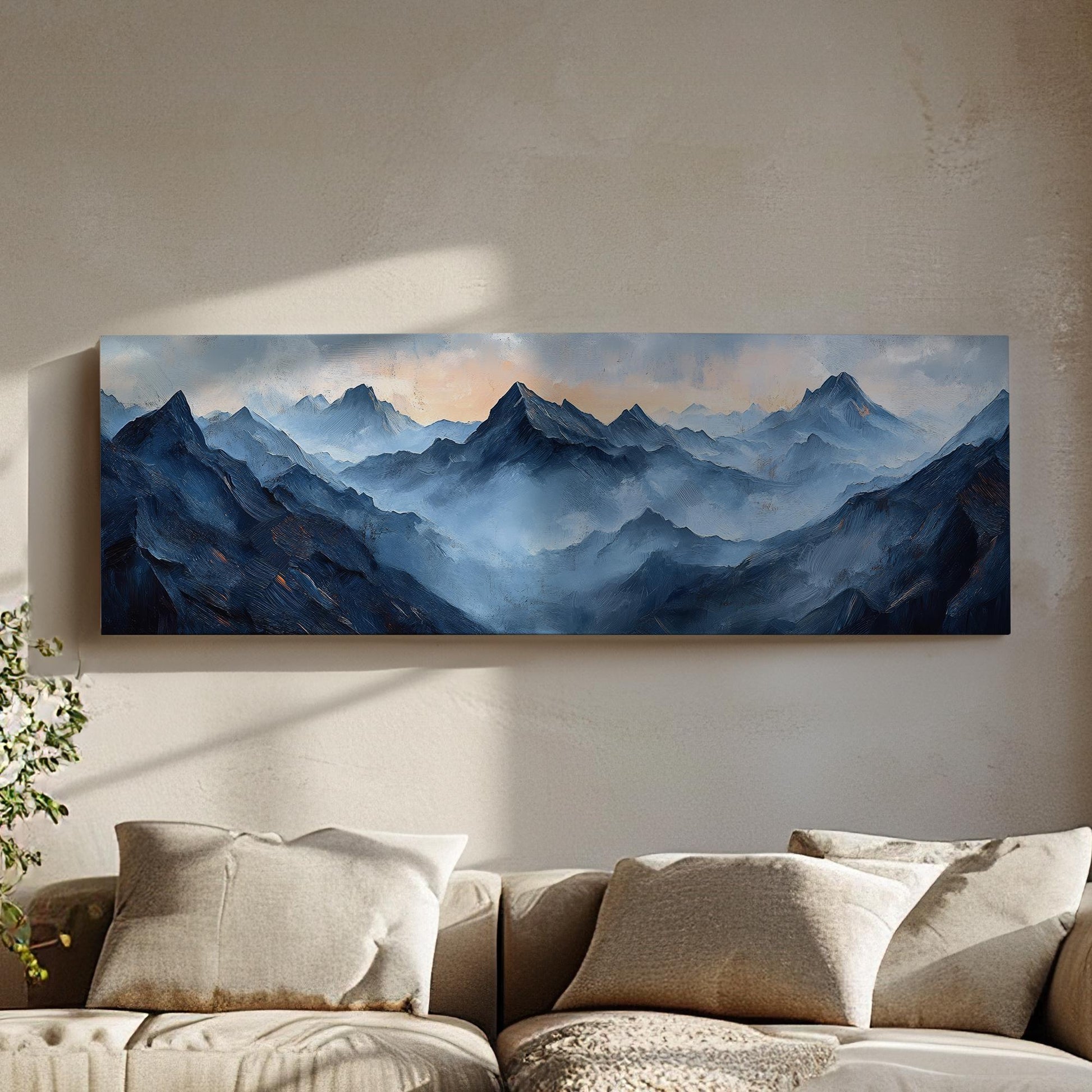 Serene Mountain Range Canvas Art | Impasto Oil Print | Tranquil Maximalist Wall Art For Living Room Panoramic Wall Art