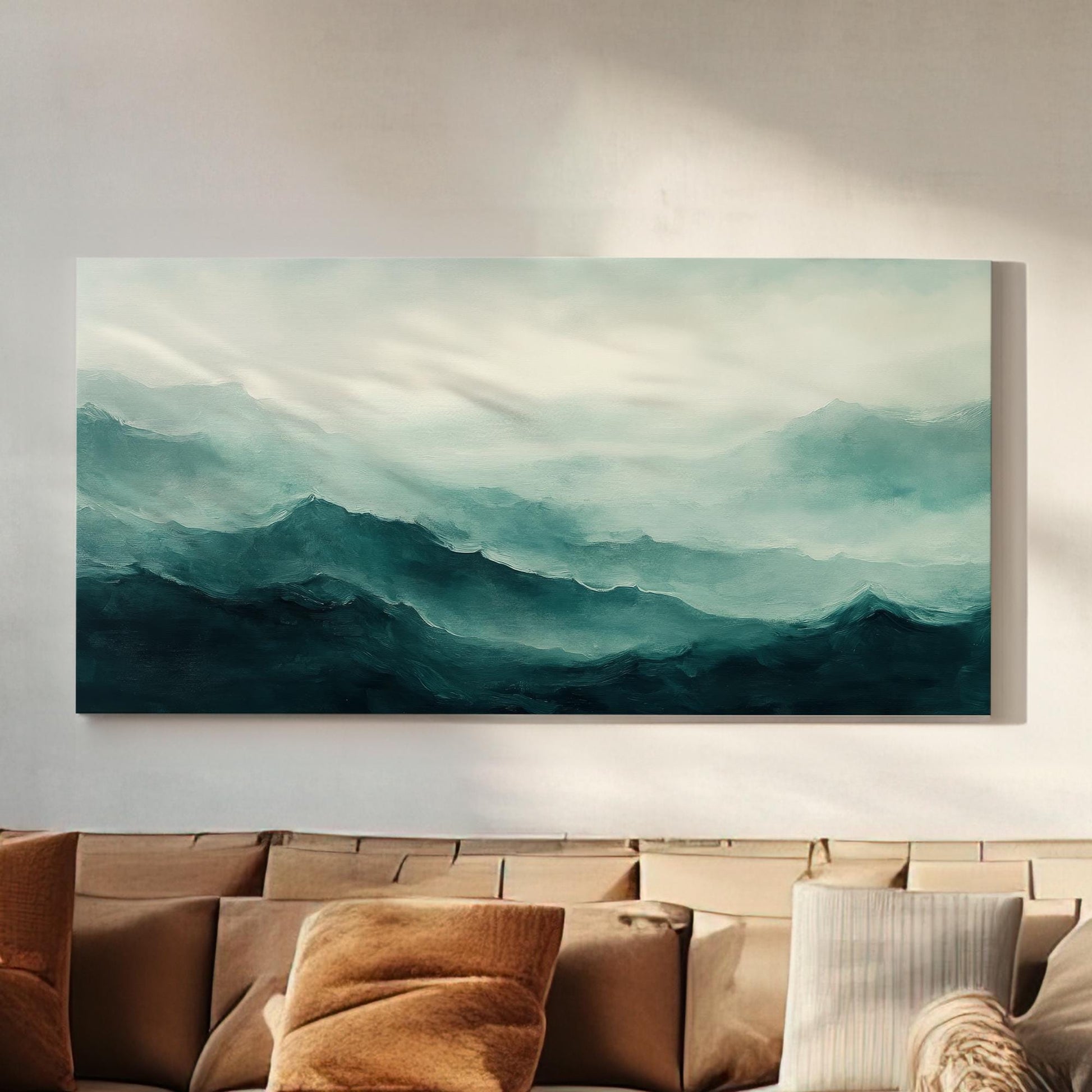 Serene Mountain Range Canvas Art | Impasto Impressionism Print | Tranquil Minimalist Wall Art For Living Room Horizontal Art