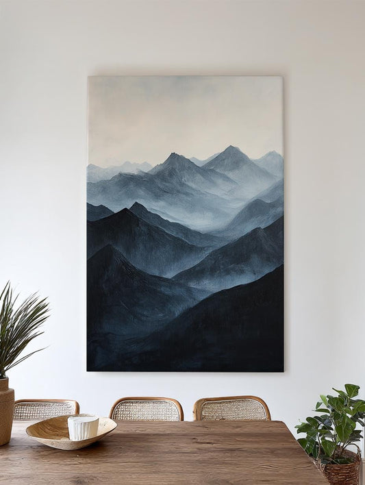 Serene Mountain Range Canvas Art | Impasto Impressionism Print | Juxtaposition Wall Art For Living Room | Twilight Blue Art Vertical Canvas