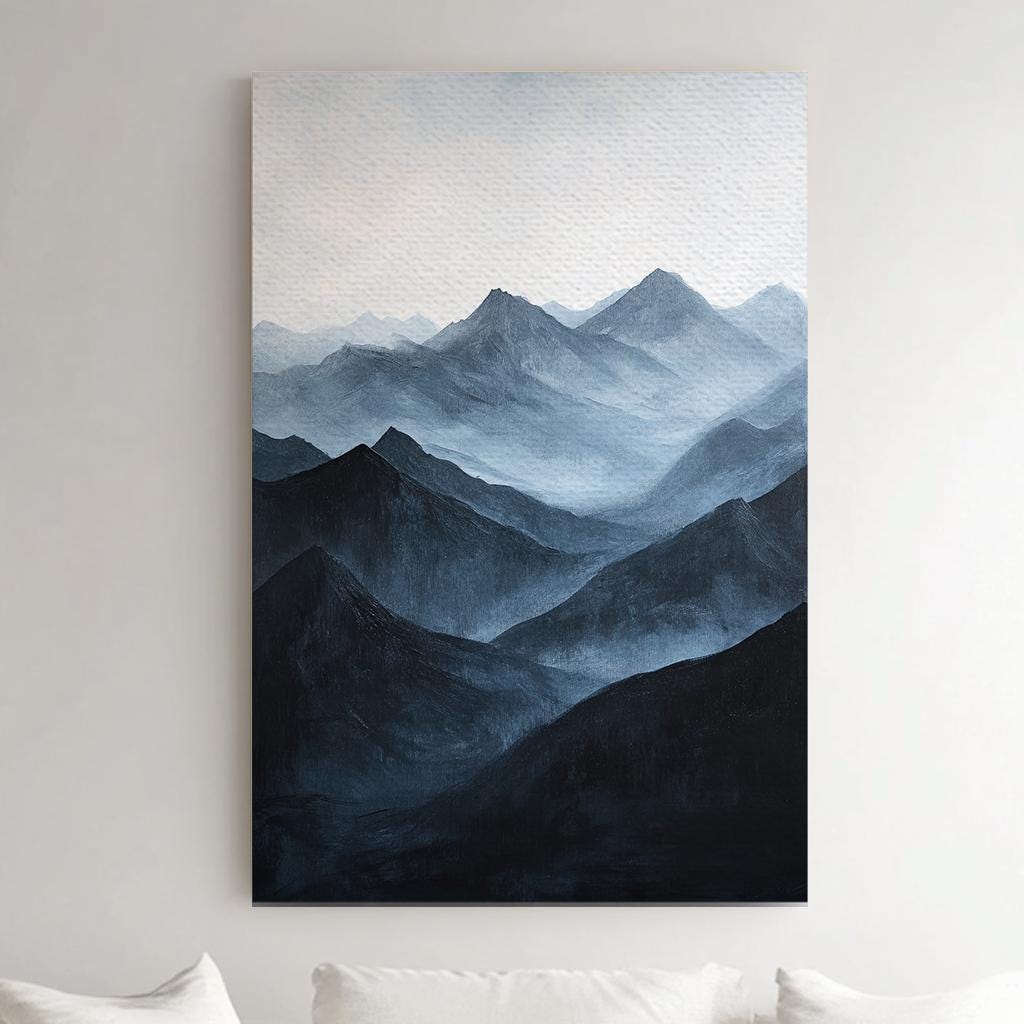Serene Mountain Range Canvas Art | Impasto Impressionism Print | Juxtaposition Wall Art For Living Room | Twilight Blue Art Vertical Canvas