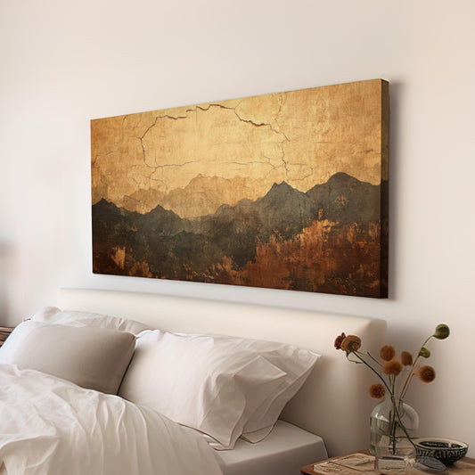 Serene Mountain Range Canvas Art | Distressed Ink Print | Wabi Sabi Wall Art For Living Room | Antique Gold Art Horizontal Art
