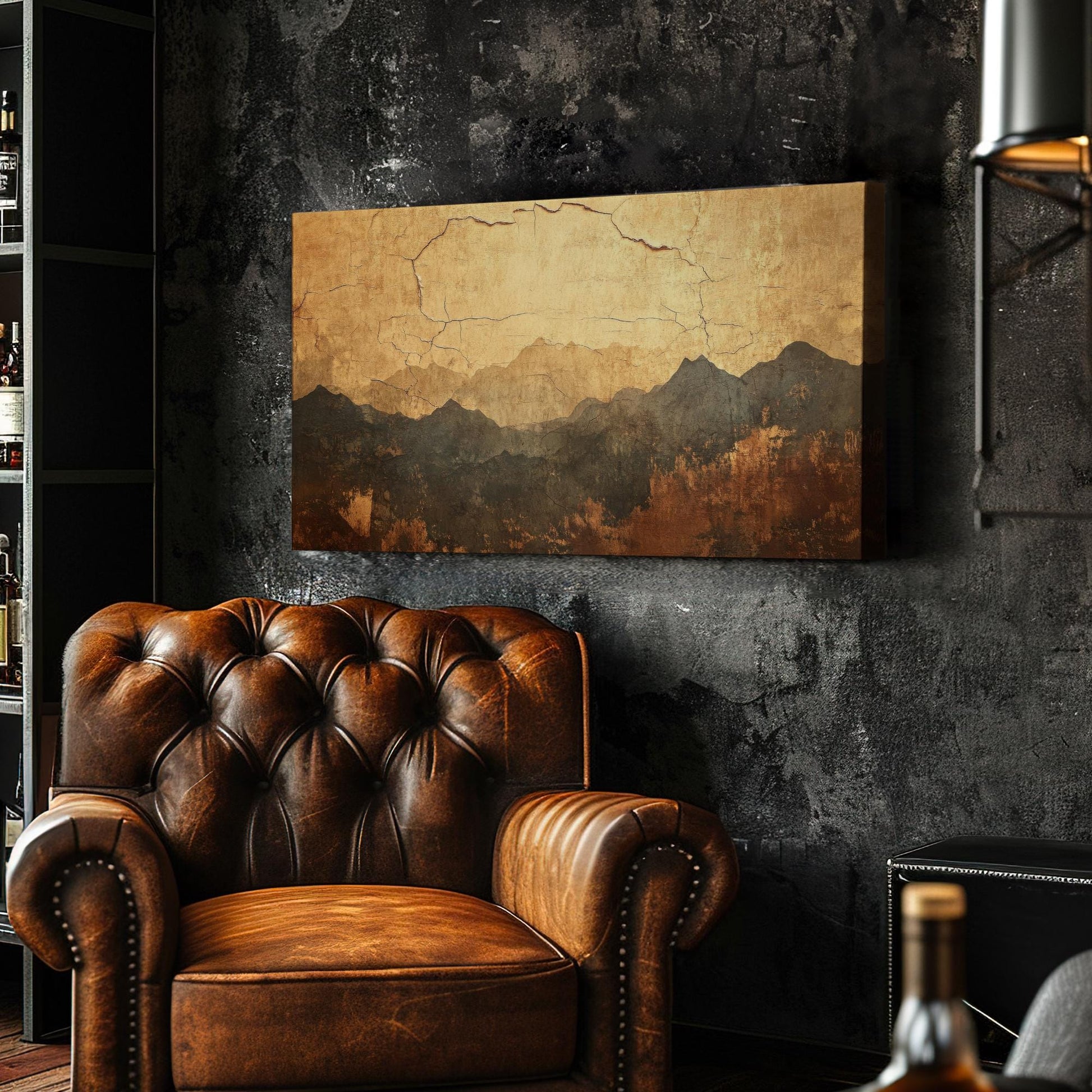Serene Mountain Range Canvas Art | Distressed Ink Print | Wabi Sabi Wall Art For Living Room | Antique Gold Art Horizontal Art
