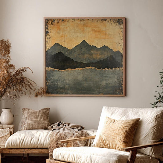 Serene Mountain Range Canvas Art | Crackle Glaze Print | Wabi Sabi Wall Art For Living Room | Aged Gold Leaf Art Square Canvas Art